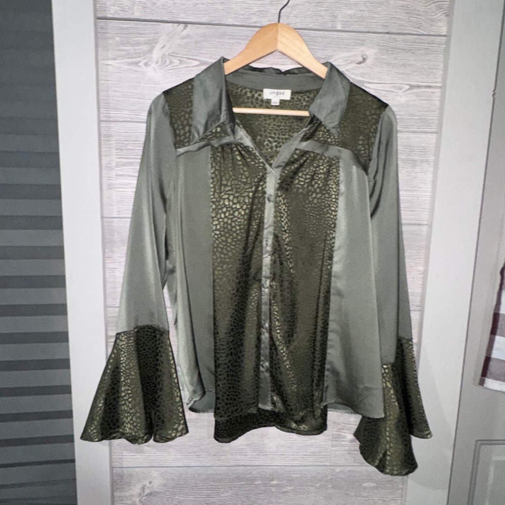 Umgee Olive Satin Animal Print Bell Sleeve Blouse Whimsigoth Medium bell sleeves